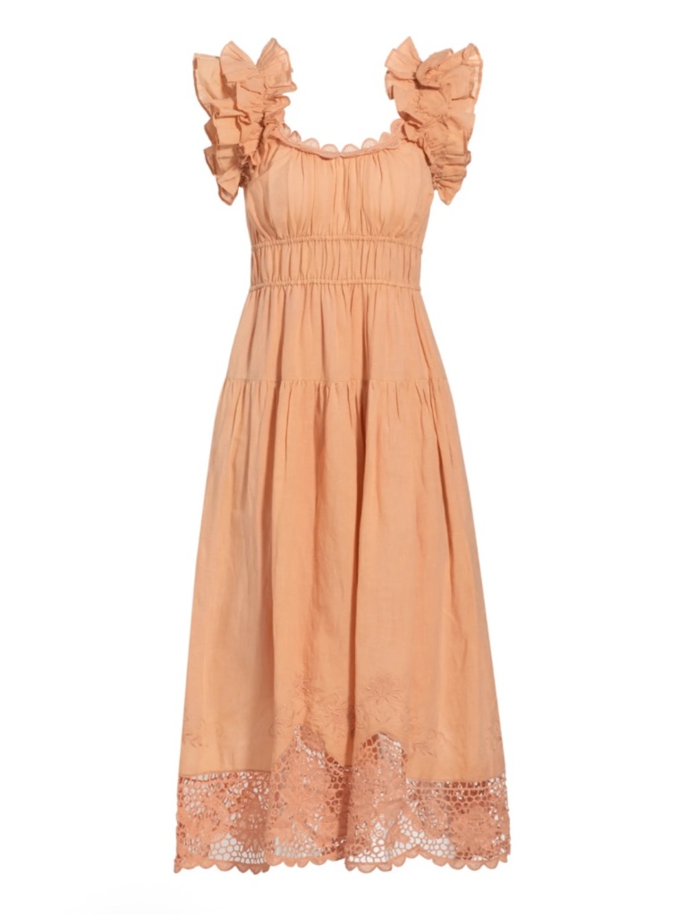 Ulla Johnson Leona Linen-Blend Tiered Maxi Dress in Azalea Peach